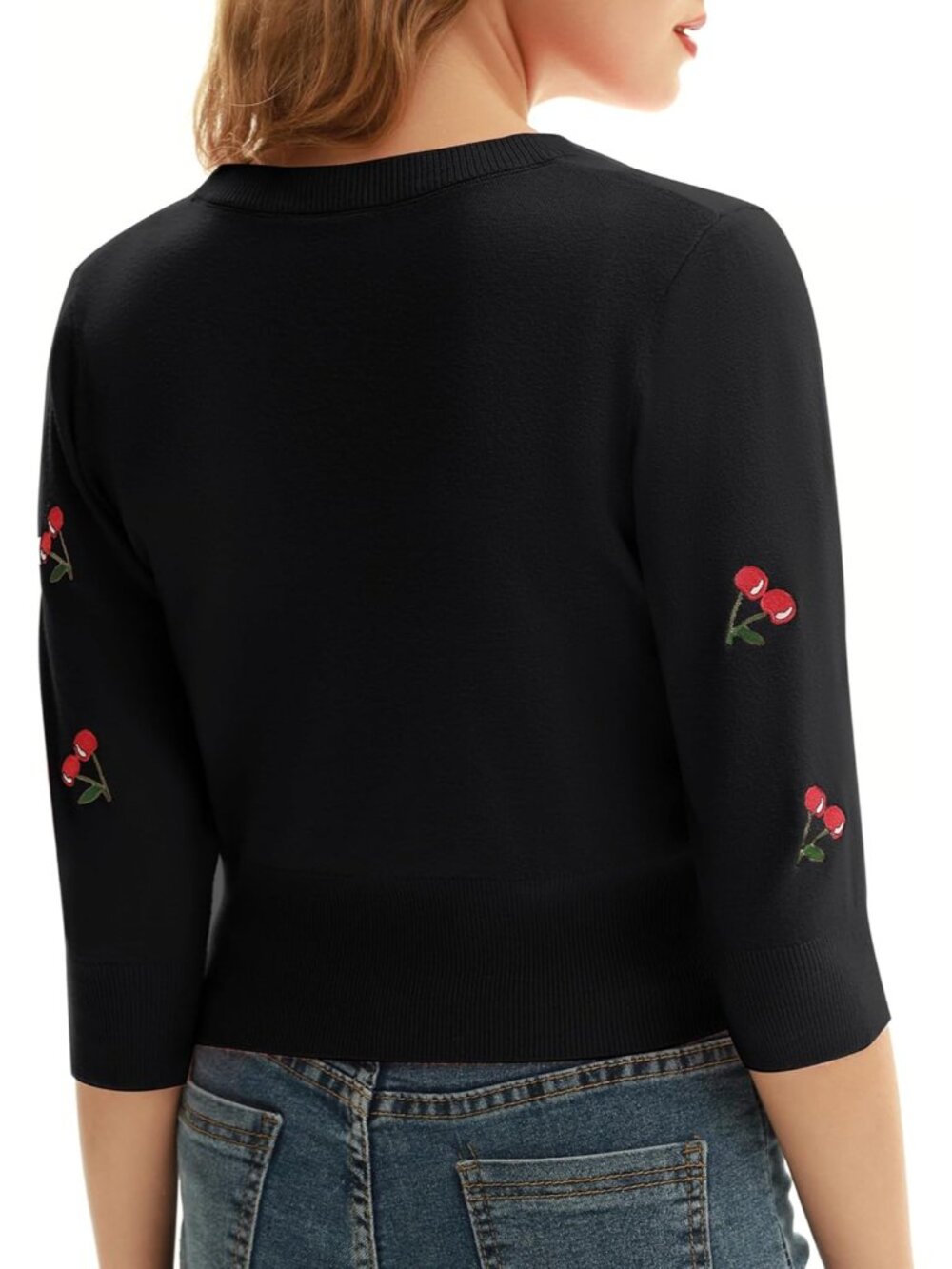 Women's 3/4 Sleeve V-Neck Button Down Cherries Embroidery Cropped Cardigan Sweat - Picture 7 of 7